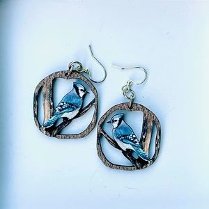 Blue jay wooden earrings